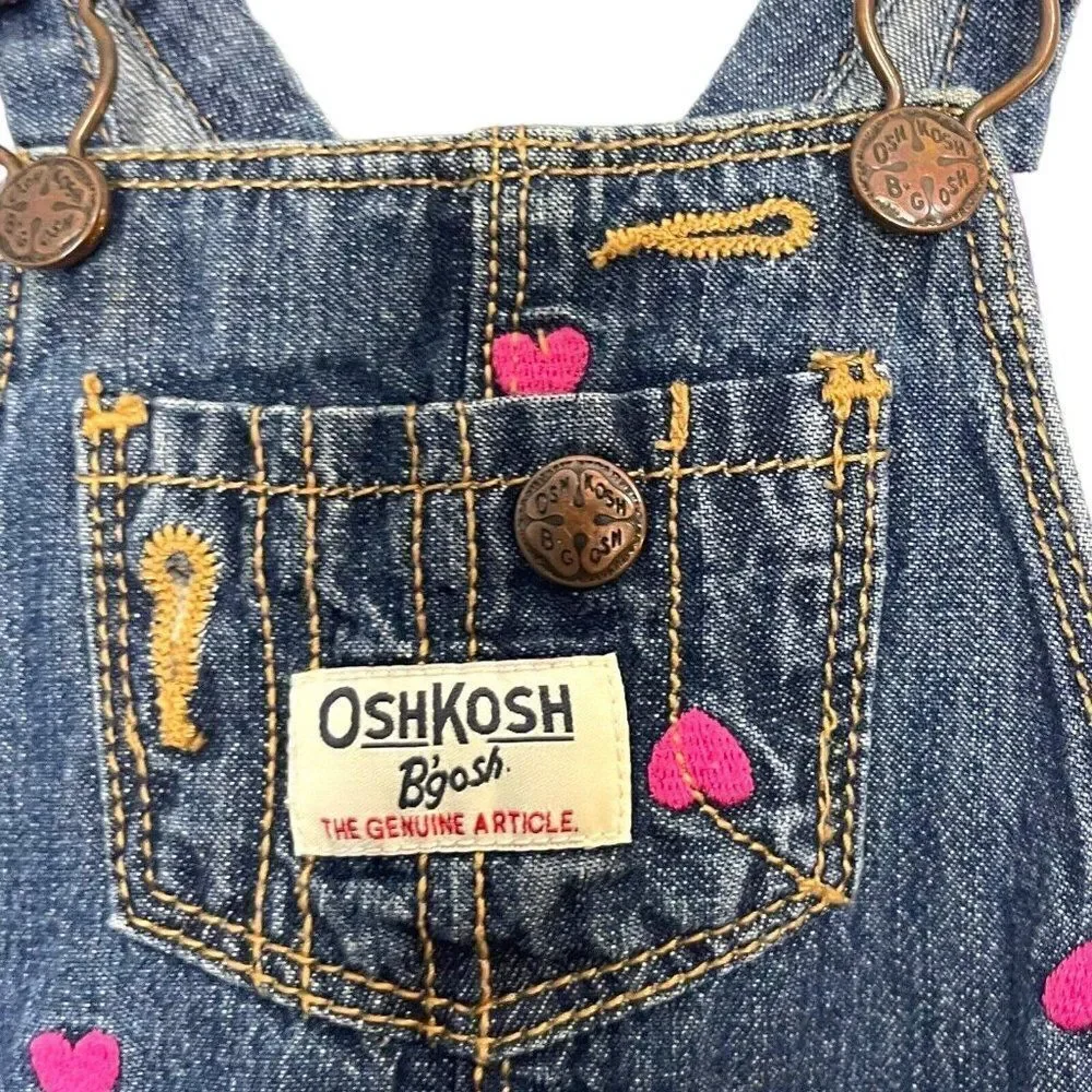 Oshkosh B'gosh Bib Overalls Baby Girls 12 Months Embroidered Hearts Adjustable